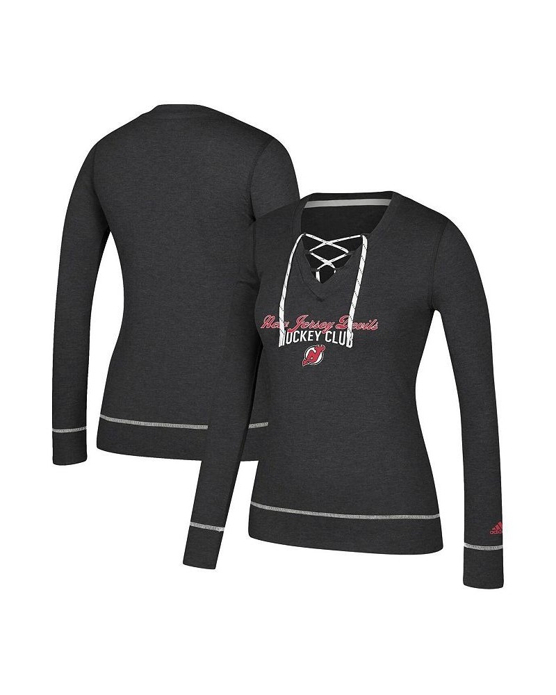 Women's Heathered Black New Jersey Devils Skate Through Long Sleeve Lace-Up V-Neck T-shirt Heathered Black $26.23 Tops