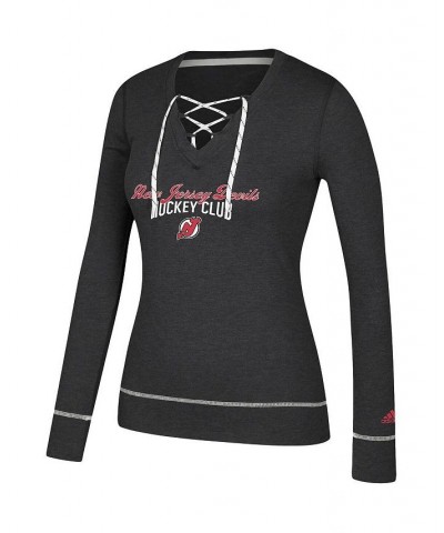 Women's Heathered Black New Jersey Devils Skate Through Long Sleeve Lace-Up V-Neck T-shirt Heathered Black $26.23 Tops