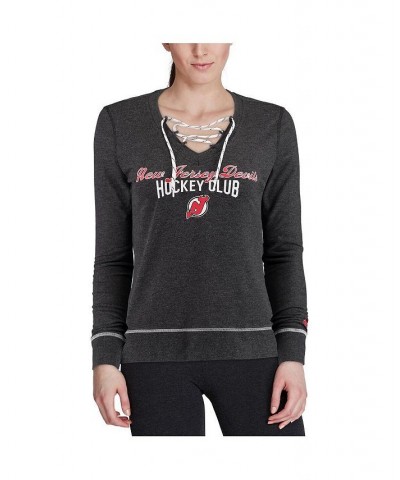 Women's Heathered Black New Jersey Devils Skate Through Long Sleeve Lace-Up V-Neck T-shirt Heathered Black $26.23 Tops