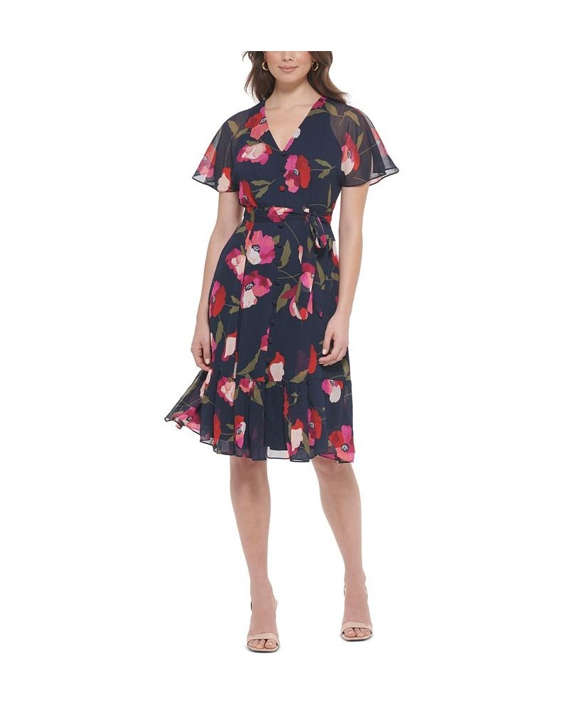 Petite Floral-Print Chiffon Tie-Waist Dress Indigo Multi $37.73 Dresses