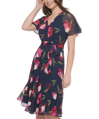 Petite Floral-Print Chiffon Tie-Waist Dress Indigo Multi $37.73 Dresses