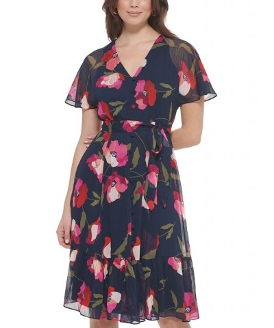 Petite Floral-Print Chiffon Tie-Waist Dress Indigo Multi $37.73 Dresses