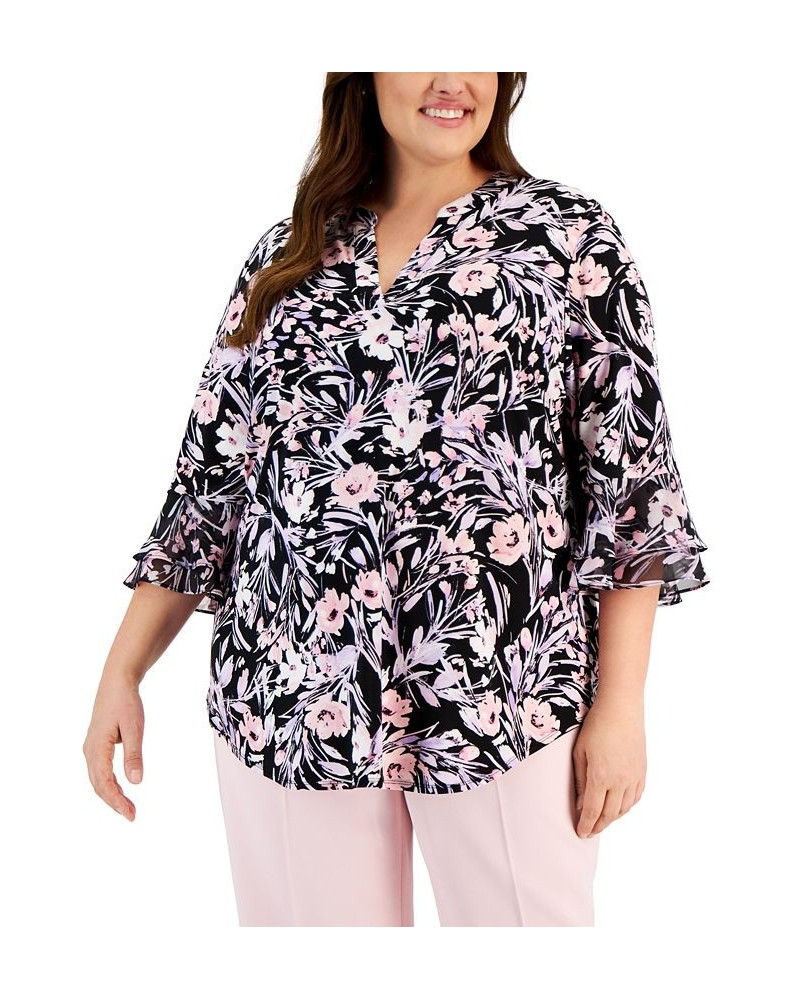 Plus Size Printed V-Neck Three-Quarter-Length Sleeve Top Black/Tutu Pink $22.05 Tops