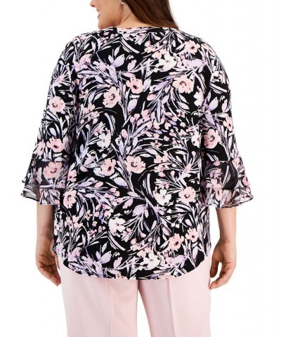 Plus Size Printed V-Neck Three-Quarter-Length Sleeve Top Black/Tutu Pink $22.05 Tops