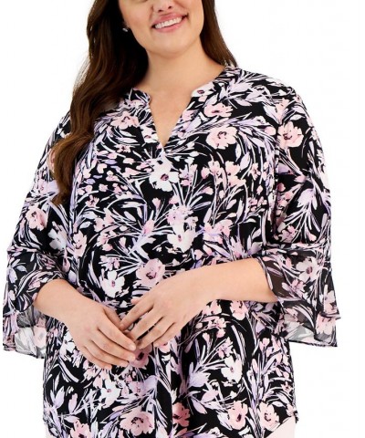 Plus Size Printed V-Neck Three-Quarter-Length Sleeve Top Black/Tutu Pink $22.05 Tops