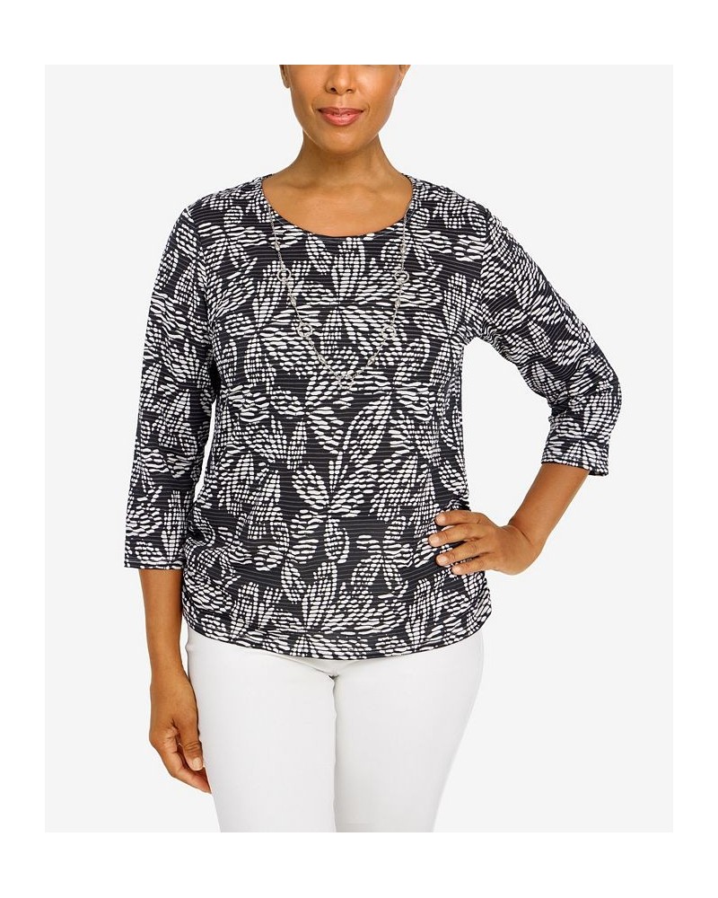 Women's Floral Jacquard Butterfly 3/4 Sleeve Top with Necklace Black $30.58 Tops