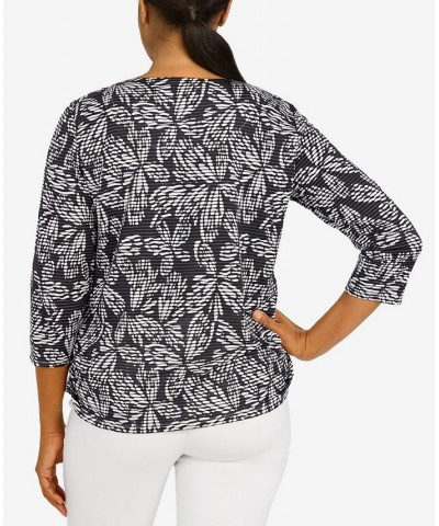 Women's Floral Jacquard Butterfly 3/4 Sleeve Top with Necklace Black $30.58 Tops