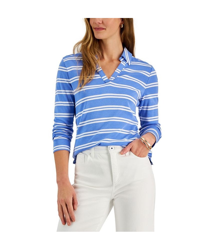 Petite Stripe Johnny-Collar Top Blue $11.75 Tops