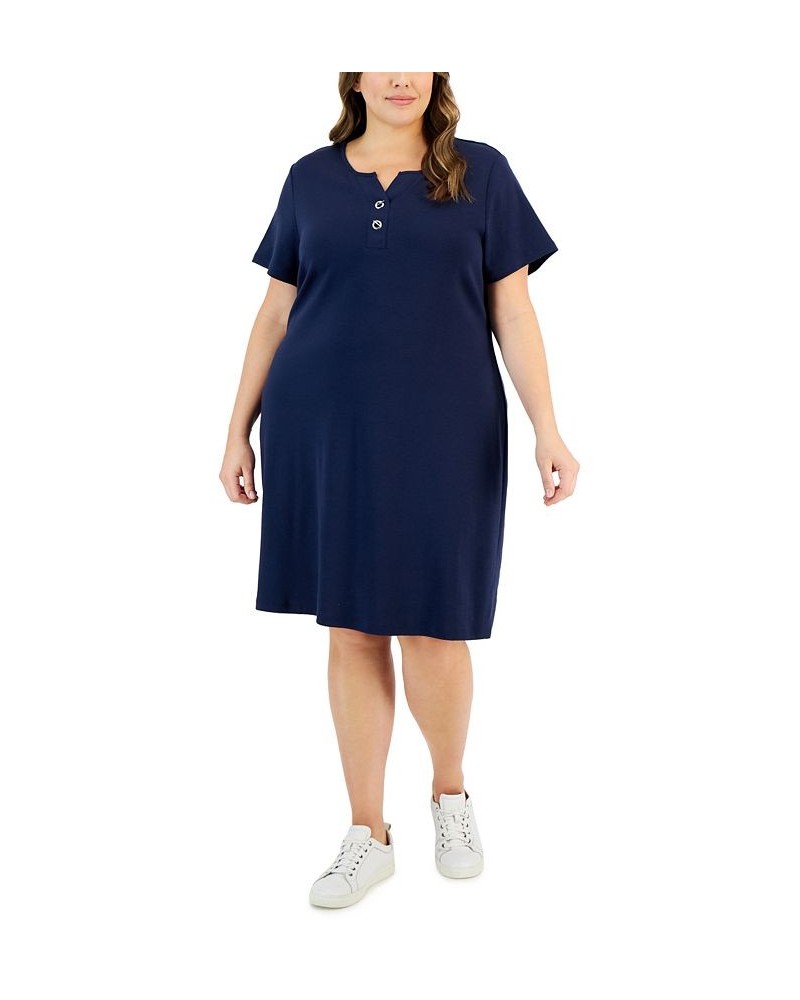 Plus Size Toggle-Neck Short-Sleeve Henley Dress Intrepid Blue $24.40 Dresses