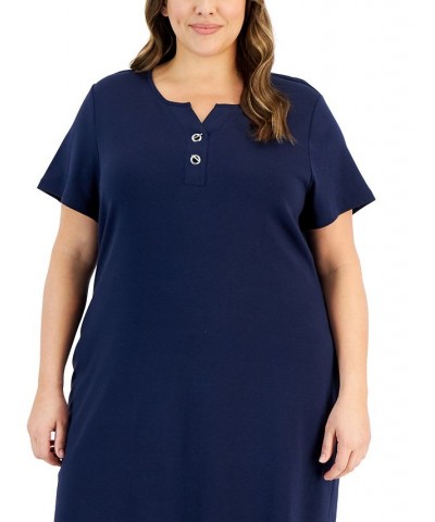 Plus Size Toggle-Neck Short-Sleeve Henley Dress Intrepid Blue $24.40 Dresses