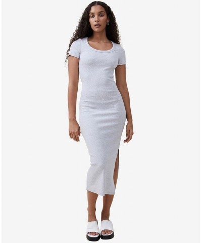 Women's Rib Short Sleeve Split Midi Dress Light Gray Marle $20.00 Dresses