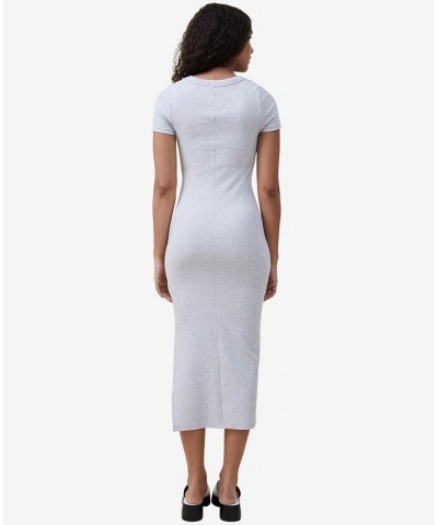 Women's Rib Short Sleeve Split Midi Dress Light Gray Marle $20.00 Dresses