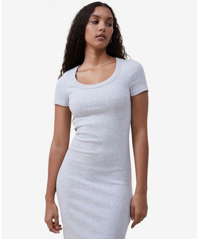 Women's Rib Short Sleeve Split Midi Dress Light Gray Marle $20.00 Dresses