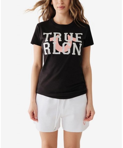 Women's Short Sleeve Crystal Logo Crew T-shirt Black $25.42 Tops