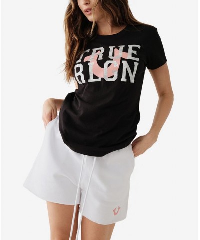 Women's Short Sleeve Crystal Logo Crew T-shirt Black $25.42 Tops