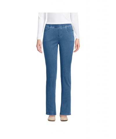 Women's Petite Starfish Mid Rise Pull On Knit Denim Straight Jeans Light indigo $43.17 Jeans