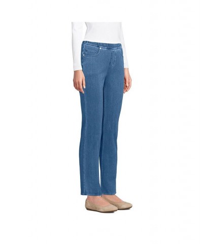 Women's Petite Starfish Mid Rise Pull On Knit Denim Straight Jeans Light indigo $43.17 Jeans