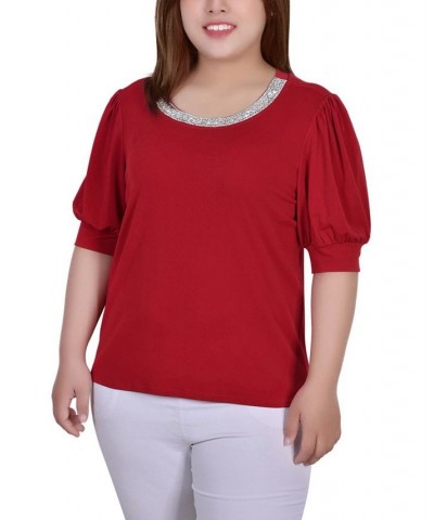Plus Size Short Beaded Puff Sleeve Top Red $14.35 Tops
