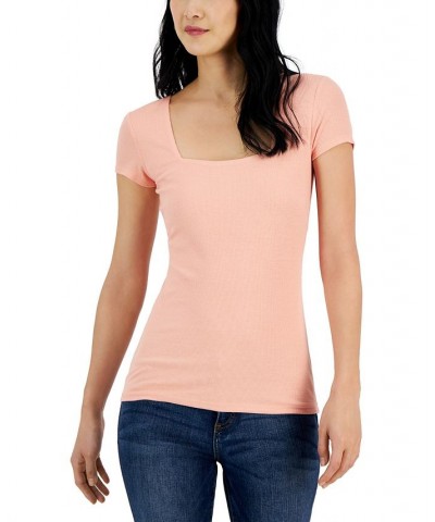 Women's Ribbed Square-Neck T-Shirt Pink $11.67 Tops