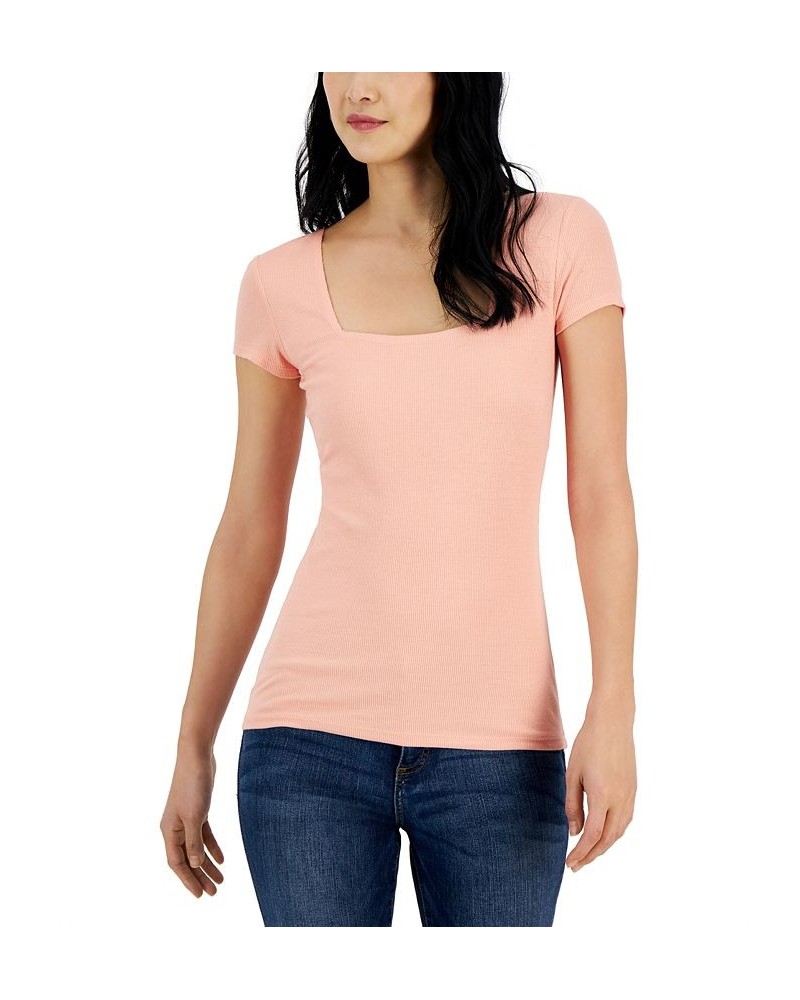 Women's Ribbed Square-Neck T-Shirt Pink $11.67 Tops