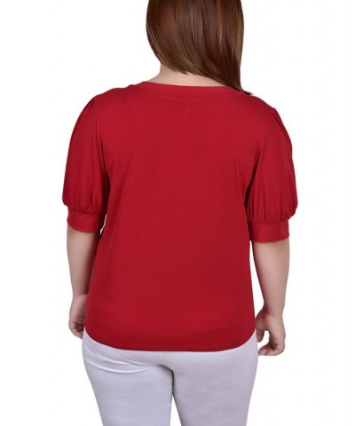 Plus Size Short Beaded Puff Sleeve Top Red $14.35 Tops