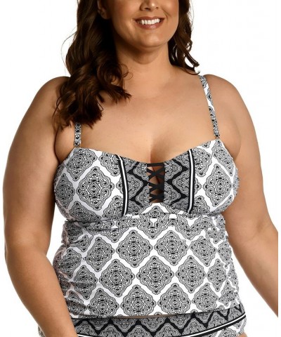 Plus Size Oasis Tile Lace-Up-Front Tankini Top Black/White Medallion Print $52.92 Swimsuits
