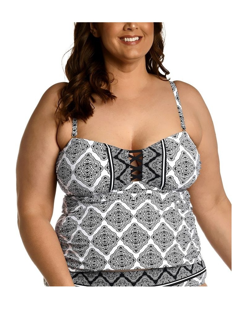 Plus Size Oasis Tile Lace-Up-Front Tankini Top Black/White Medallion Print $52.92 Swimsuits