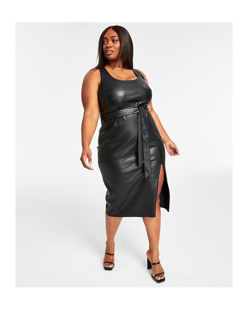 Trendy Plus Size Tie-Waist Faux-Leather Dress Black $24.19 Dresses