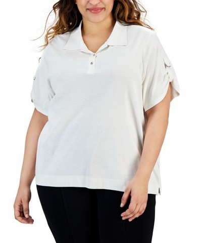 Plus Size Solid D-Ring-Sleeves Polo Shirt Soft White $25.06 Tops
