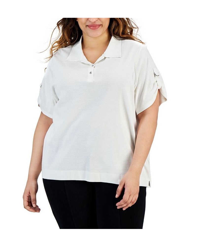 Plus Size Solid D-Ring-Sleeves Polo Shirt Soft White $25.06 Tops