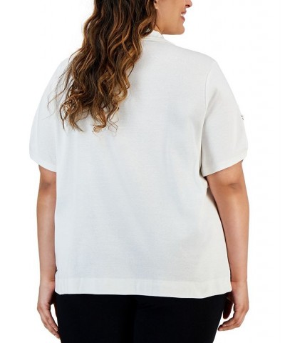 Plus Size Solid D-Ring-Sleeves Polo Shirt Soft White $25.06 Tops