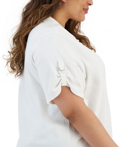 Plus Size Solid D-Ring-Sleeves Polo Shirt Soft White $25.06 Tops