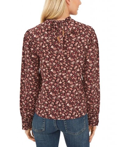 Tie-Neck Pleated Floral-Print Top Rich Black $33.60 Tops