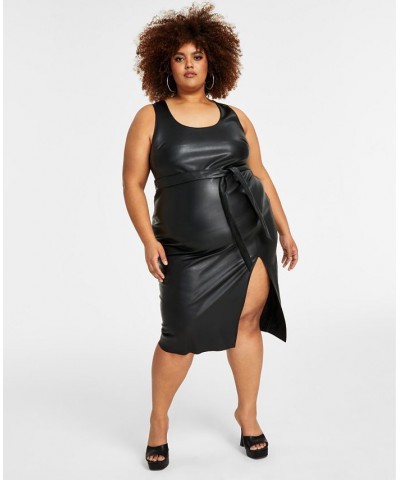 Trendy Plus Size Tie-Waist Faux-Leather Dress Black $24.19 Dresses