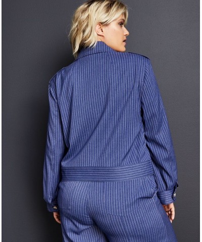 Women's Striped Epaulet Jacket Blue White Pinstripe $44.94 Jackets