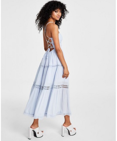 Women's Lace-Trim Lace-Up Tiered Maxi Dress Blue $62.30 Dresses