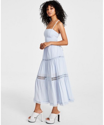 Women's Lace-Trim Lace-Up Tiered Maxi Dress Blue $62.30 Dresses