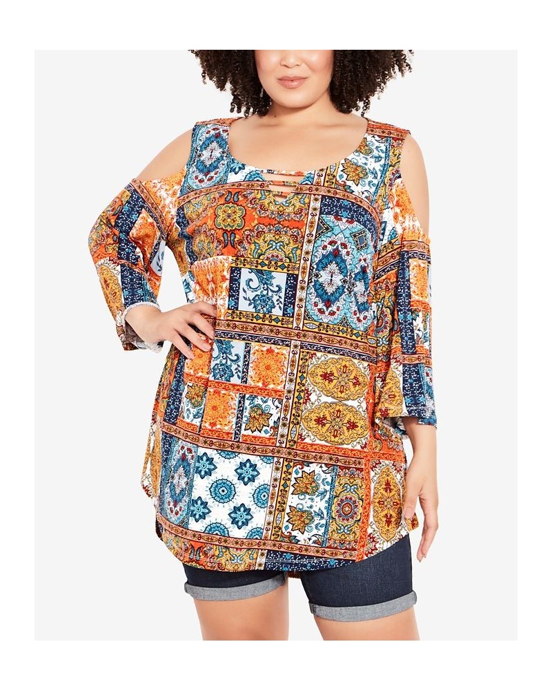 Plus Size Cold Shoulder 3 Bar Print Top Spice Patch $30.24 Tops