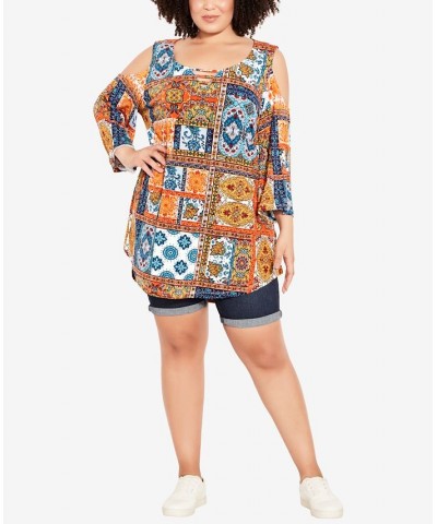 Plus Size Cold Shoulder 3 Bar Print Top Spice Patch $30.24 Tops