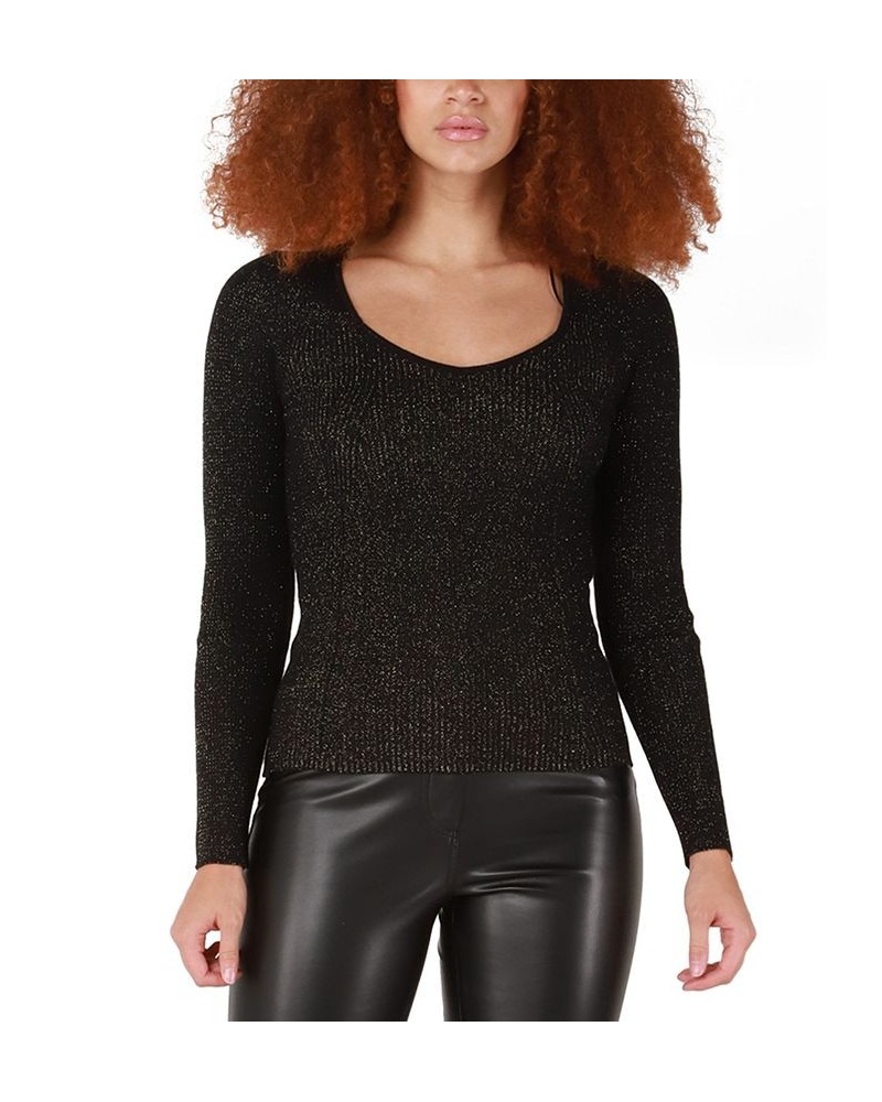 Petite Metallic-Threaded Sweetheart-Neck Sweater Glitter Black $35.19 Sweaters