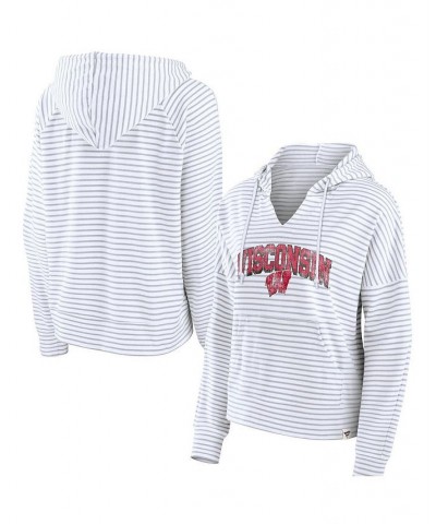 Women's Branded White Wisconsin Badgers Striped Notch Neck Pullover Hoodie White $33.79 Sweatshirts