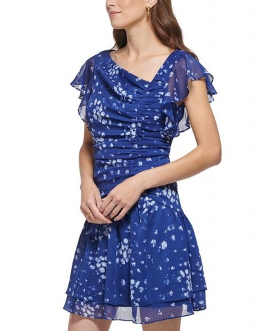 Women's Printed Flutter-Sleeve Ruched Dress Blue/Cream $56.16 Dresses