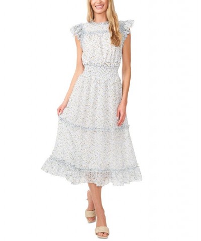 Women's Flutter-Sleeve Smocked-Waist Midi Dress White $31.29 Dresses