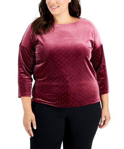 Plus Size Gift Giving Dew Drop Velour Dot-Print Top Red $21.40 Tops