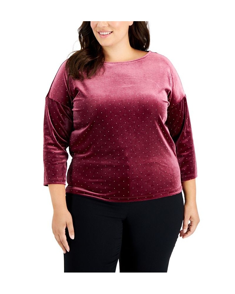Plus Size Gift Giving Dew Drop Velour Dot-Print Top Red $21.40 Tops