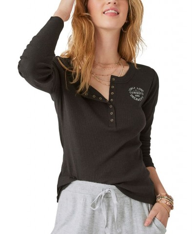 Women's Yellowstone Cowboys And Dreamers Cotton Henley Top Black $31.28 Tops
