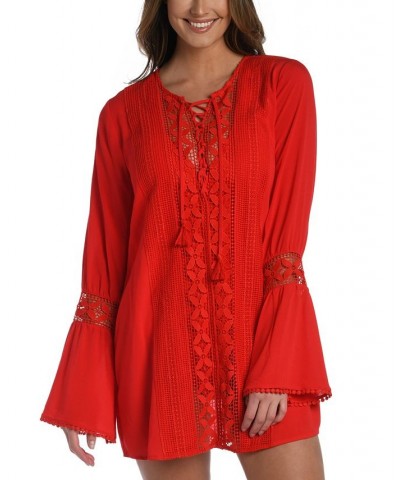 Women's Coastal Lace-Up Tunic Cover-Up Cherry $56.50 Swimsuits
