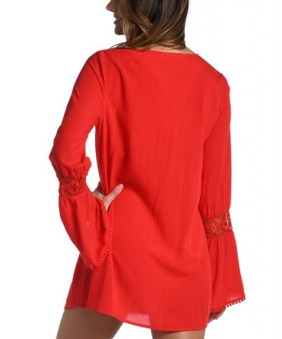 Women's Coastal Lace-Up Tunic Cover-Up Cherry $56.50 Swimsuits