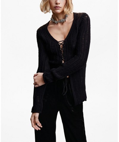 Women's Bow Knitted Cardigan Black $47.69 Sweaters