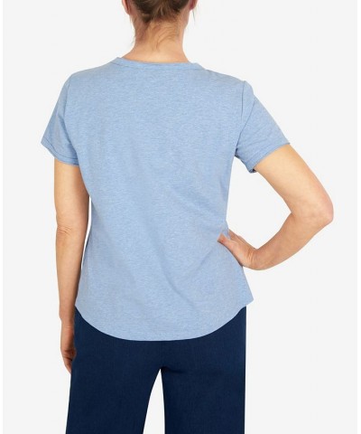 Women's Tossed Flower V-neck T-shirt Blue $32.67 Tops